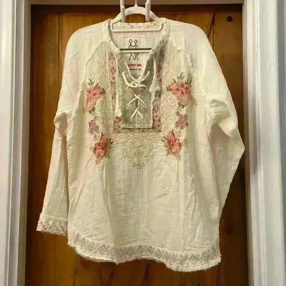 Johnny Was For Sundance Joanne Gauze Embroidered Blouse -Boho. Size Small